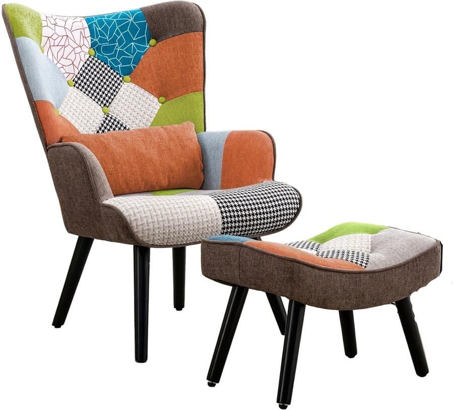 Corenia Relaxfauteuil – Fauteuil – Loungefauteuil – Leunstoel – Tv-fauteuil – Patchwork Design – Inclusief Lendenkussen – Linnen Bekleding – Massief Houten Poten – Oranje