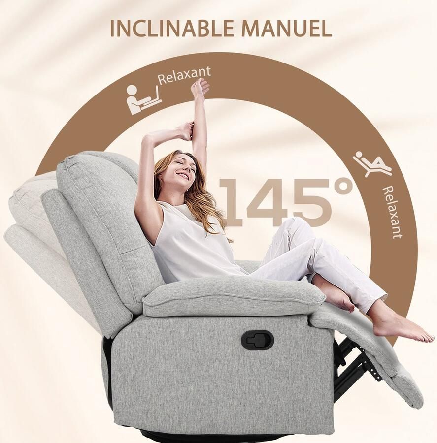 Corenia Relaxfauteuil – Relaxstoel – Leesstoel – Loungechair – Comfortstoel – Lichtgrijs – Manuele Verstelbare Rugleuning 145° – Linnenlook Stof Met Voetensteun