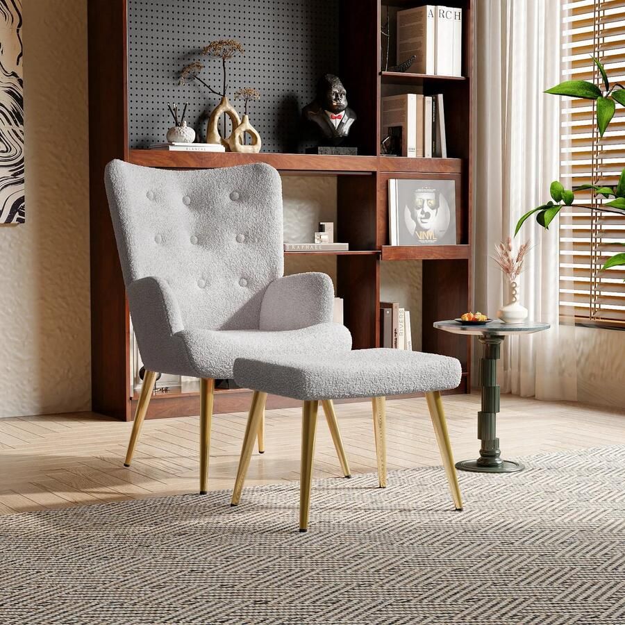 Corenia Relaxstoel – Fauteuil – Leesstoel – Zitstoel – Moderne Design – Teddyvelours Bekleding – Inclusief Hocker