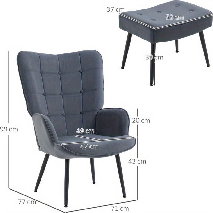 Corenia Relaxstoel – Fauteuil – Loungebank – Zitstoel – Donkergrijs Samet – Verstelbare Voetjes – Inclusief Voetenbankje