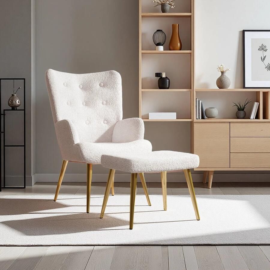 Corenia Relaxstoel – Fauteuil – Wing Chair – Leesstoel – Hocker – Teddyvelours Bekleding – Metalen Gouden Poten