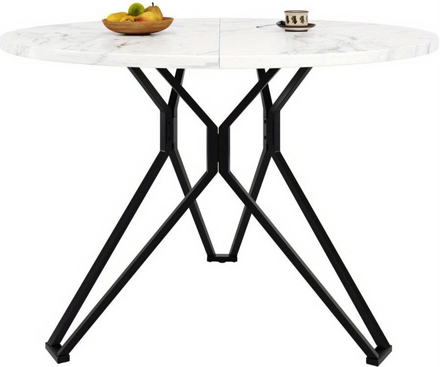 Corenia Rond Eettafel – Ronde Tafel – Keukentafel – Eetkamertafel – Compacte Eettafel – MDF Blad Met Marmerlook – Metalen Poot Zwart Wit – 100x100x76 cm – Voor 4 Personen