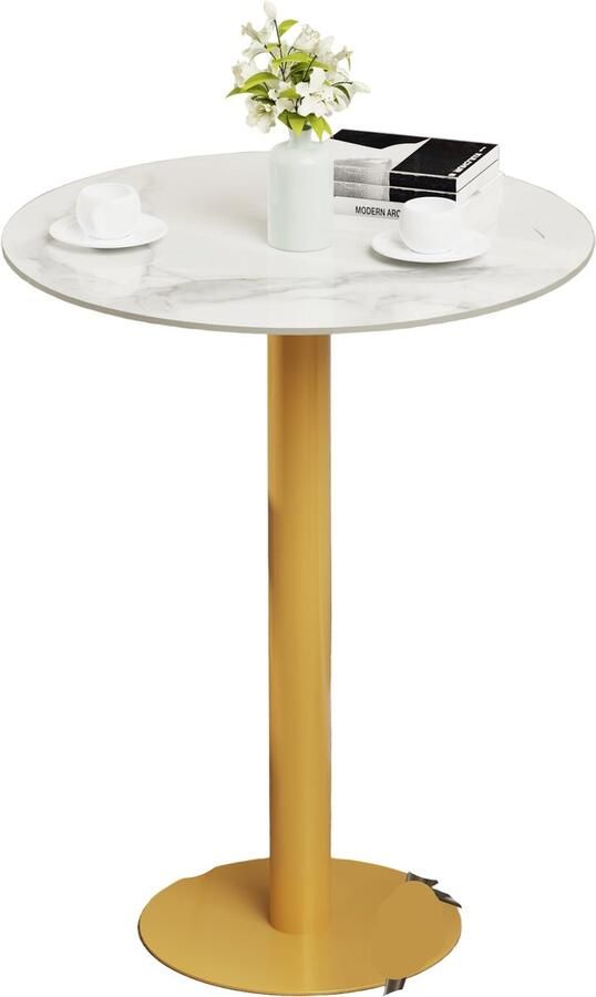 Corenia Ronde Bartafel – Hoge Tafel – Statafel – Bar Tafel – Café Tafel – Wit Gesinterd Steen – Gouden Metalen Onderstel – 76 cm Diameter – 100 cm Hoogte