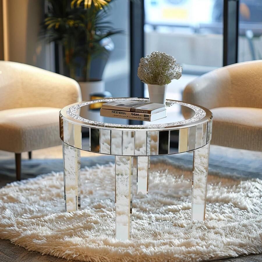 Corenia Ronde Bijzettafel Ronde Salontafel Tafel Spiegeldesign Luxe Afwerking Kristallen Pootjes voor Woonkamer Slaapkamer Zilveren Glazen Zilver