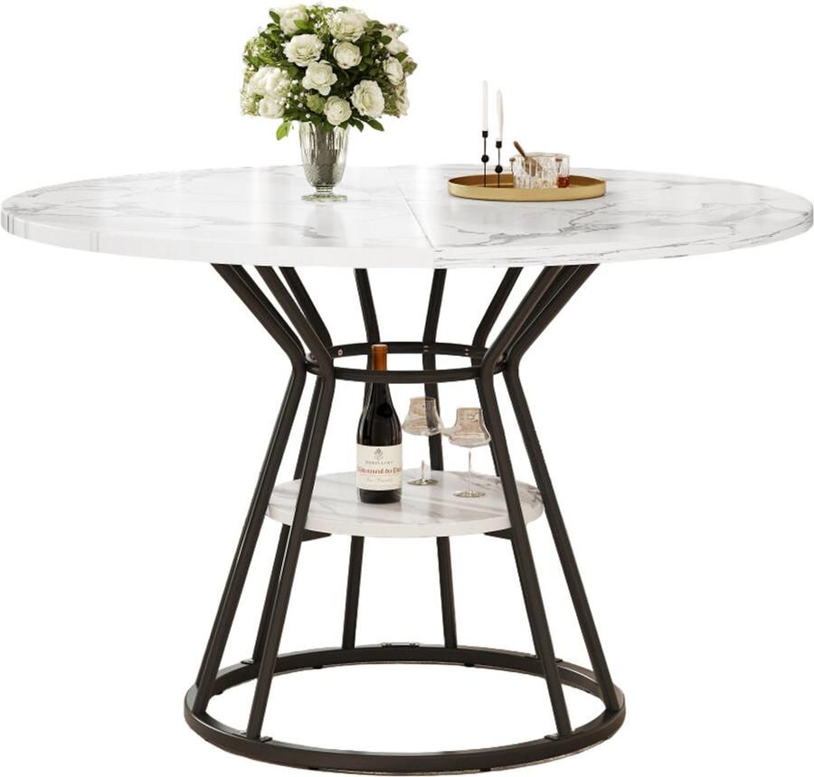 Corenia Ronde Eettafel – Eetkamertafel – Keukentafel – Ontbijttafel – Tafeltje – Modern Design – Wit Marmerblad & Zwarte Metalen Poten – Ruimtebesparend & Eenvoudige Montage