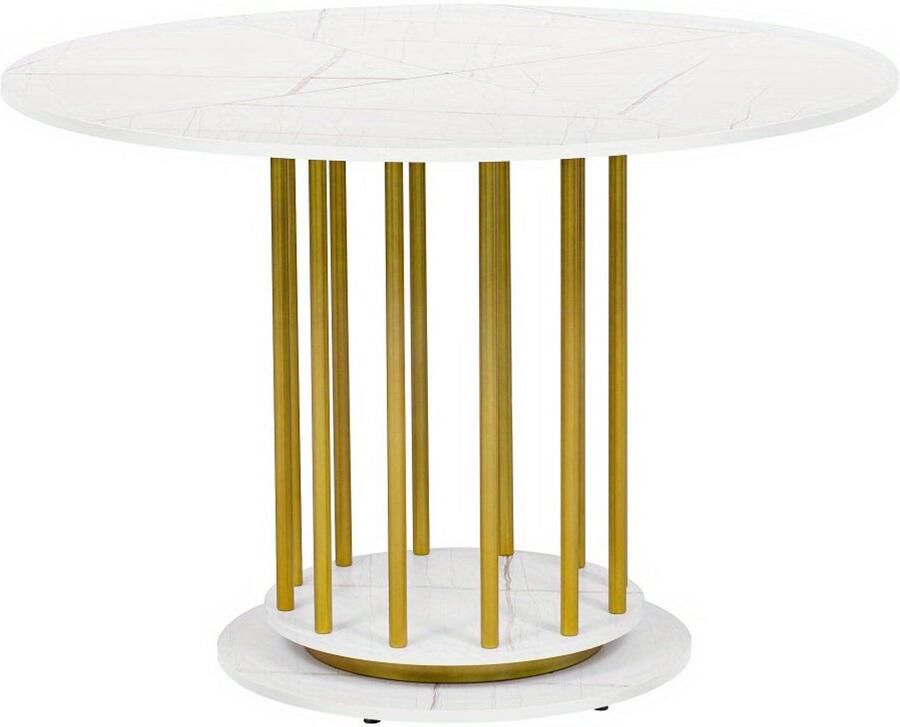 Corenia Ronde Eettafel – Eetkamertafel – Keukentafel – Tafel – Woonkamertafel – Wit Marmerlook Blad – Gouden Metalen Poten – Compact & Ruimtebesparend – Krasbestendig & Stevig
