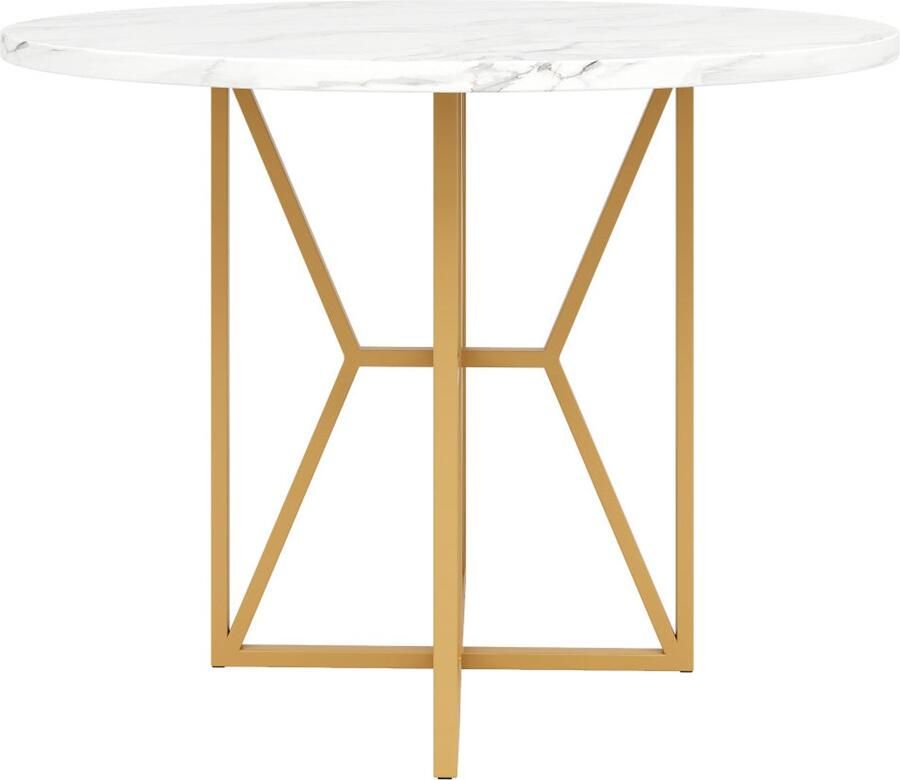 Corenia Ronde Eettafel – Eetkamertafel – Keukentafel – Woonkamertafel – Ronde Tafel – Gouden Metalen Poten – Marmerlook MDF Blad – 80x80x76 cm – Geschikt Voor 4-6 Personen