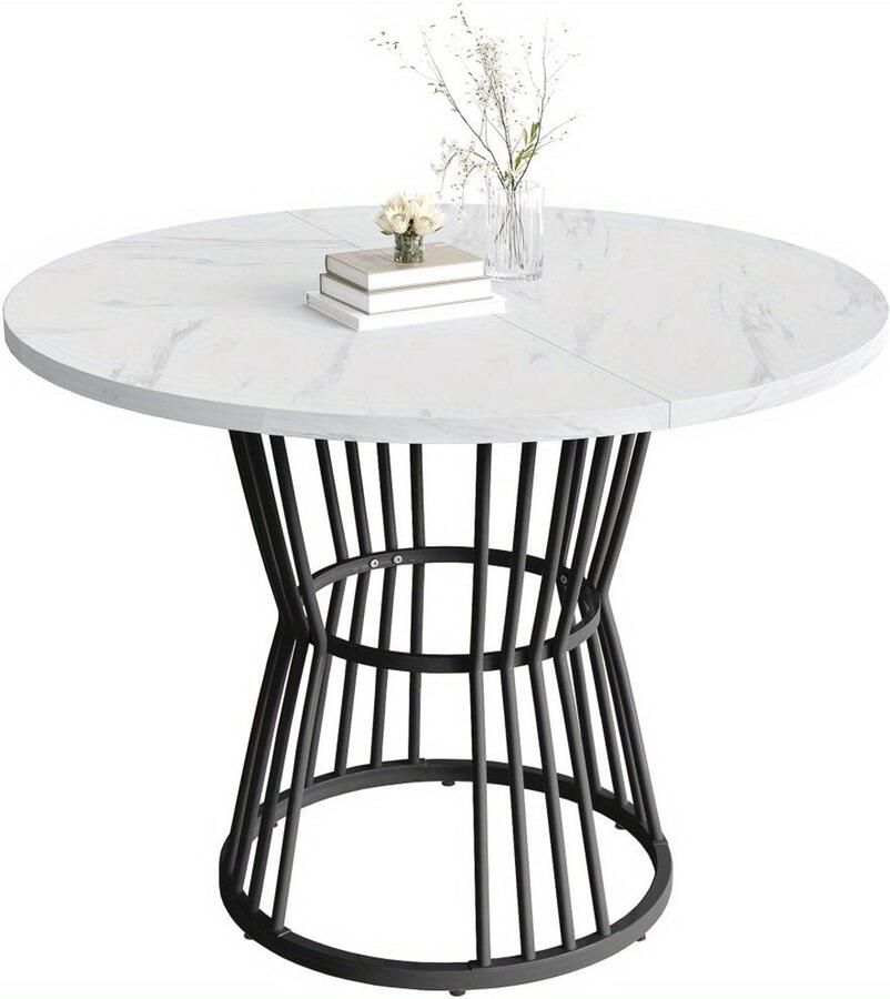 Corenia Ronde Eettafel – Eettafel Rond – Keukentafel – Ontbijttafel – Tafel Metaal – Marmerlook Zwart-Wit – Krasbestendig MDF Blad – Stevig Metalen Frame – Compact & Ruimtebesparend – Modern Design Voor 4 Personen