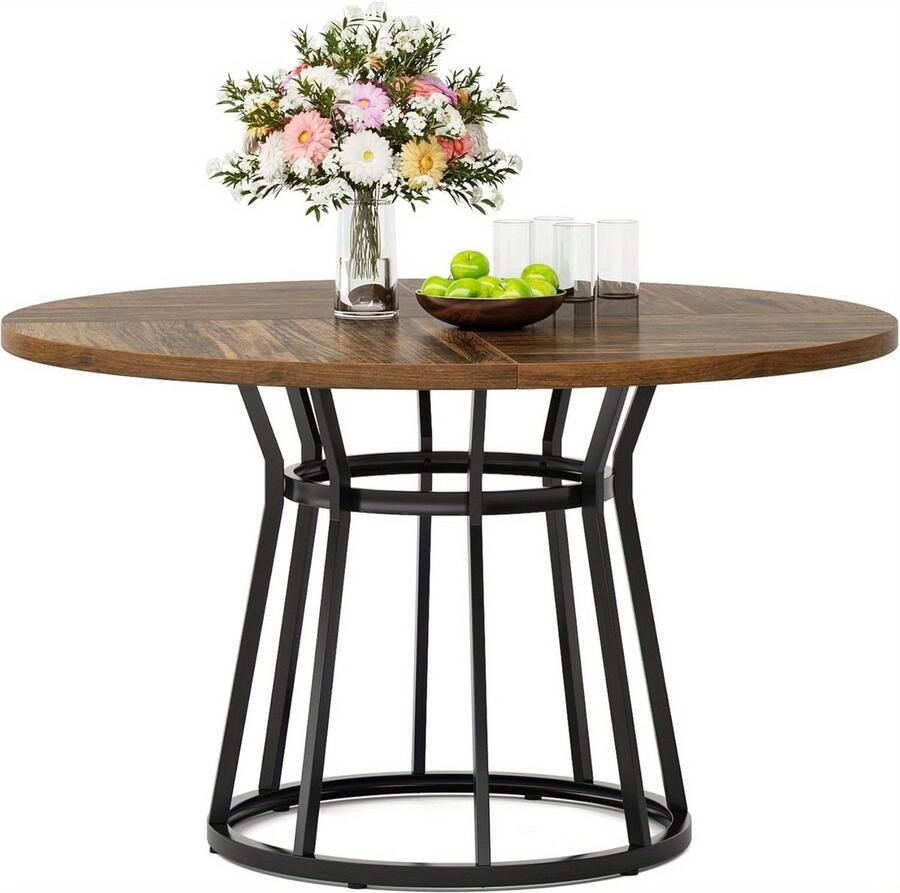 Corenia Ronde Eettafel – Eettafel Rond – Ronde Tafel – Eetkamertafel – Keukentafel – Modern Design – 119 89 cm Diameter – Donker Houten Blad – Zwart Metalen Onderstel