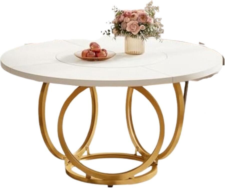 Corenia Ronde Eettafel – Houten Tafel – Eetkamertafel – Keukentafel – Moderne Tafel – Wit Tafelblad – Gouden Metalen Onderstel – 120 cm Diameter – Kras- en Hittebestendig MDF – Geschikt voor 4-6 Personen