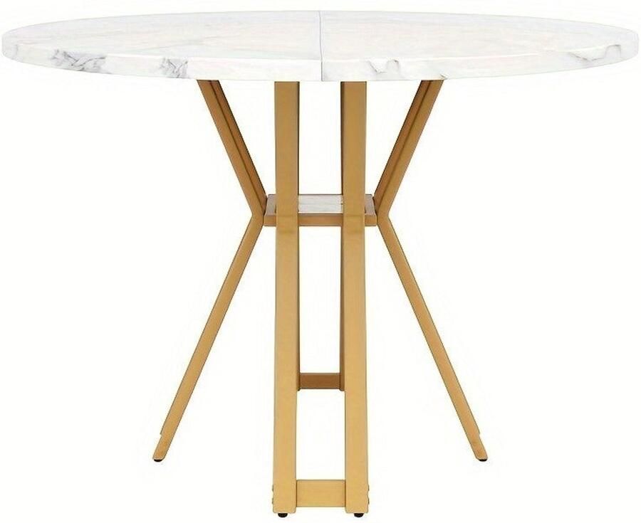 Corenia Ronde Eettafel – Rond Tafel – Eettafel Rond – Ronde Tafel – Moderne Eettafel – Wit Marmerlook Blad – Stevige Gouden A-Frame Poten