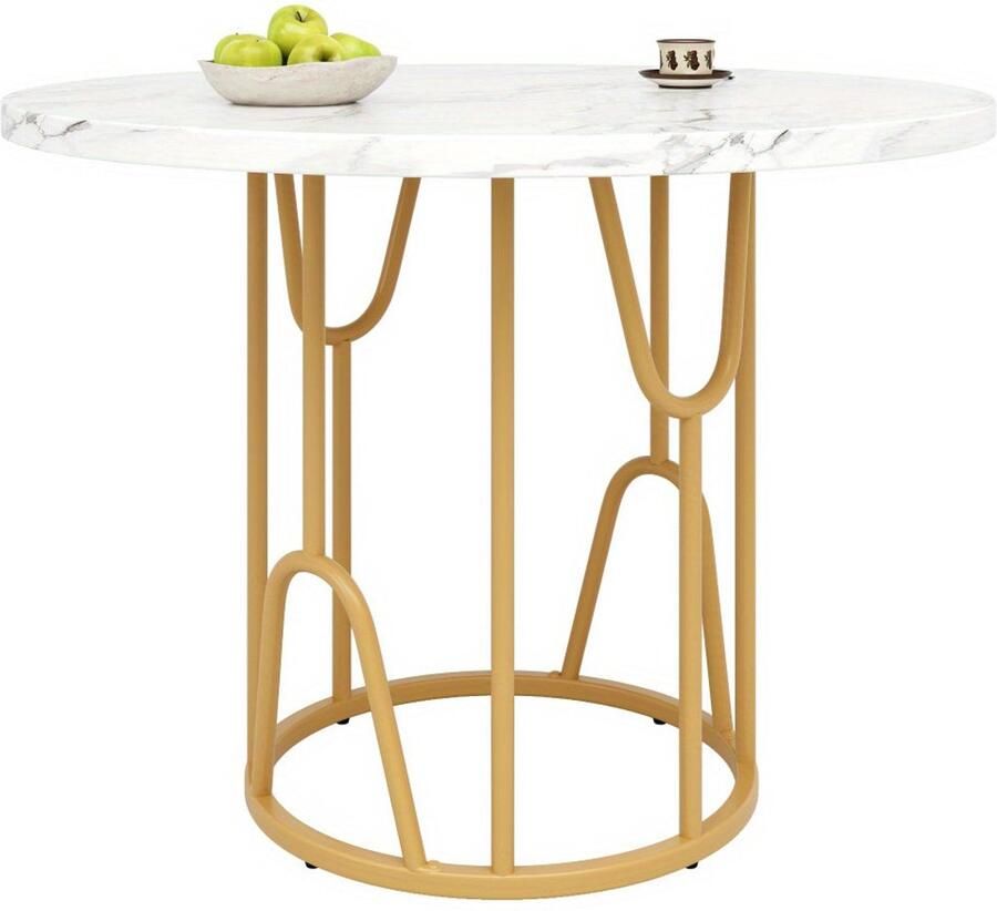 Corenia Ronde Eettafel – Ronde Tafel – Eetkamertafel – Keukentafel – Tafel – MDF Marmeren Blad – Gouden Metalen Poot – 80x80x76 cm – Voor 4-6 Personen