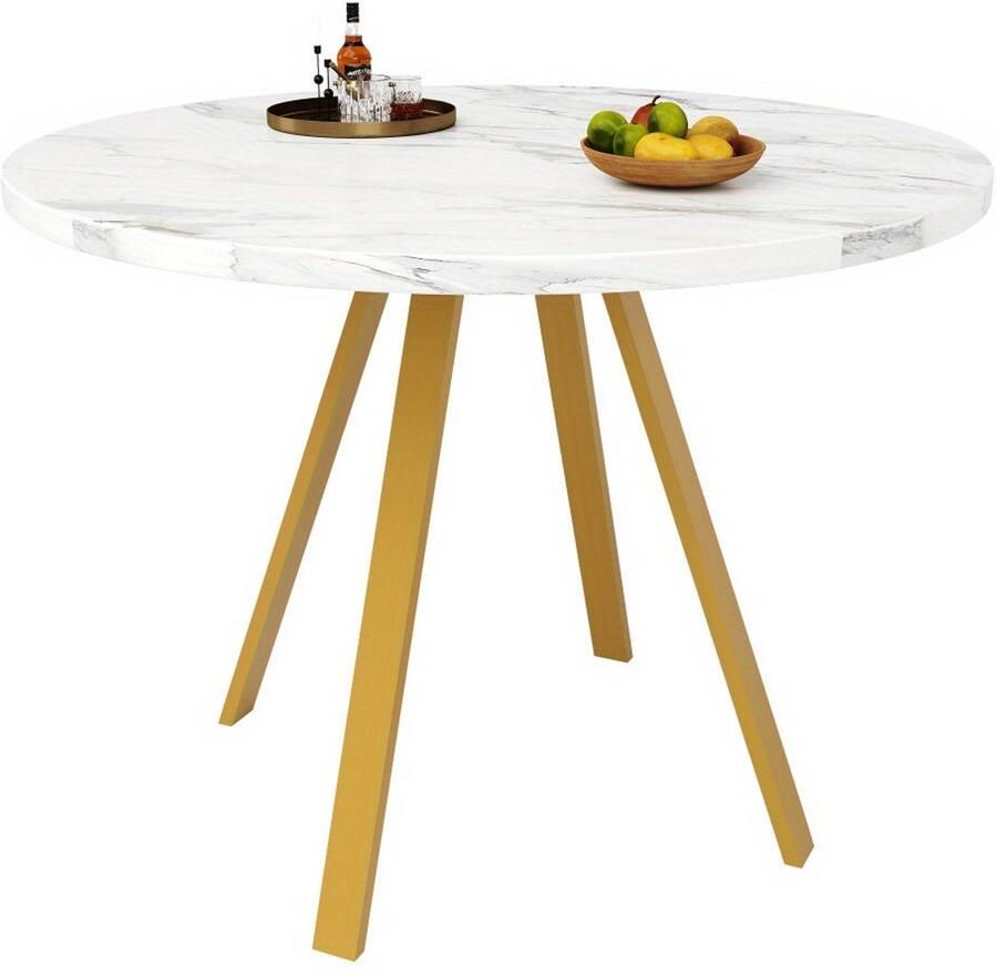 Corenia Ronde Eettafel – Ronde Tafel – Keukentafel – Eettafel 4 Personen – Koffietafel – Metalen Gouden Poten – Witte Marmerlook – 80x80x75 cm