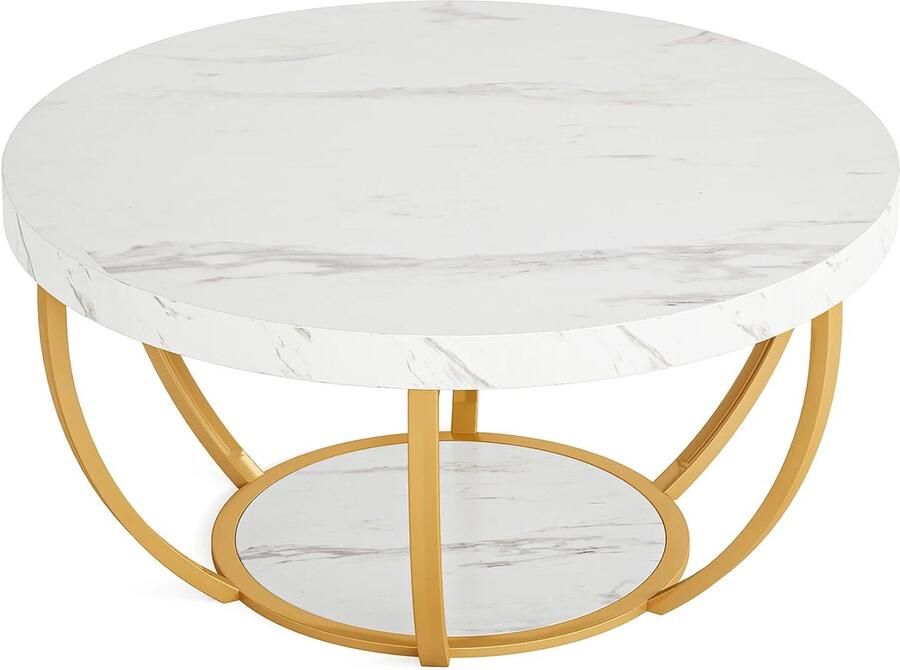 Corenia Ronde Salontafel – Bijzettafel – Koffietafel – Woonkamertafel – Houten Tafel – 80 Cm Diameter – Stevige Metalen Poten Wit en Goud