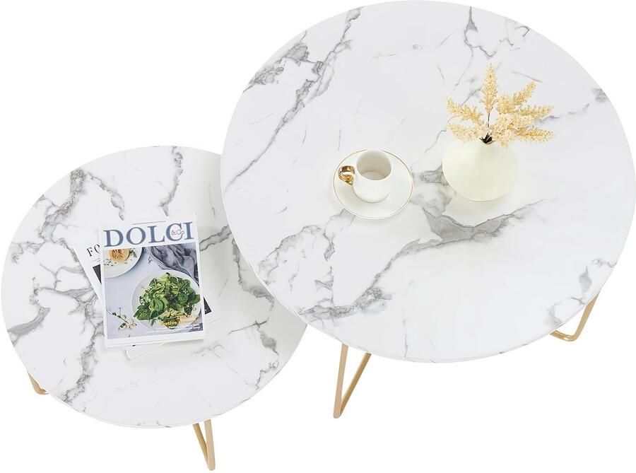 Corenia Ronde Salontafel – Bijzettafel – Koffietafel – Woonkamertafel – Tafeltjes Set – Wit Marmerlook – Goud Metaal – Makkelijk Schoon Te Maken – Multifunctioneel