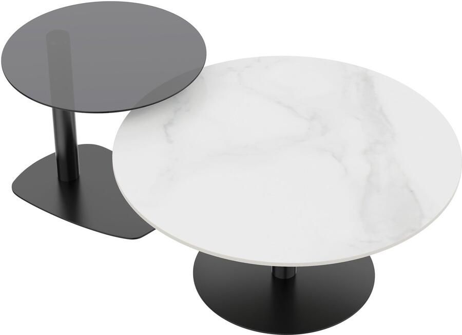 Corenia Ronde Salontafel Set – Bijzettafel – Nestbare Tafels – Koffietafel – Woonkamer Tafel – Wit Sintered Stone & Grijs Glas – Zwart Metalen Frame – Krasbestendig & Compact