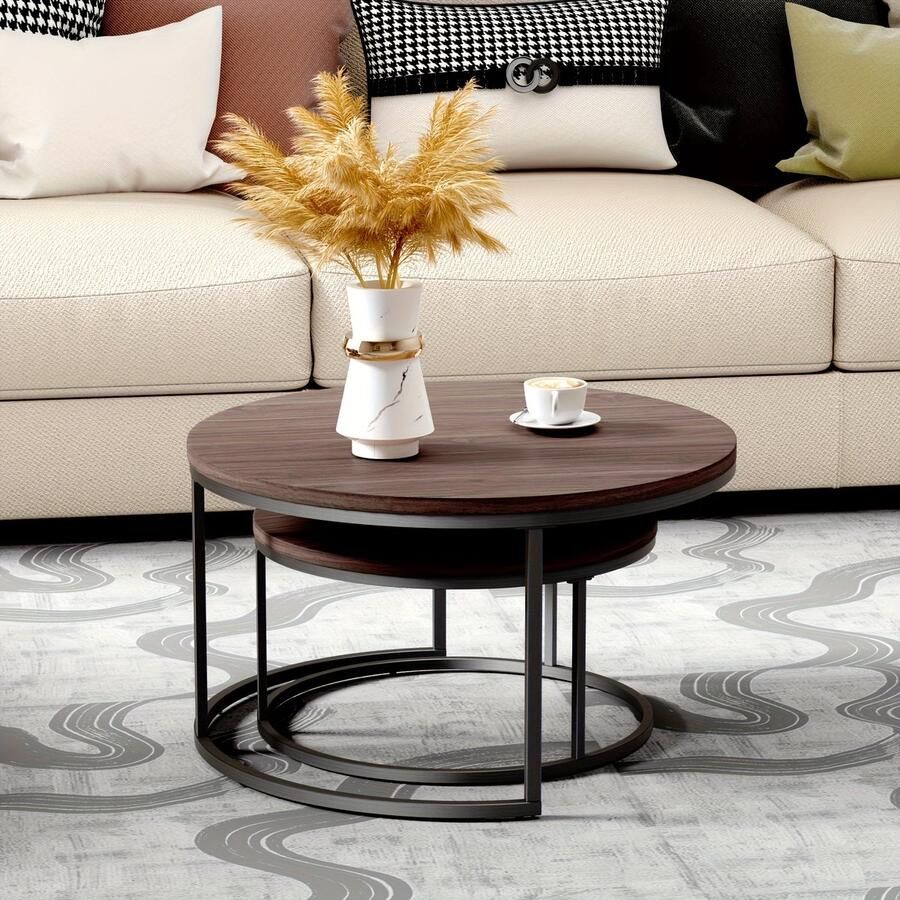 Corenia Ronde Salontafel Set – Bijzettafel – Nesting Tafel – Nachtkastje – Kleine Tafel – Nesting Design – Kunstmarmer Blad – Stevig Metalen Frame – Space-Saving – Eenvoudig Te Monteren – Variant Bruin