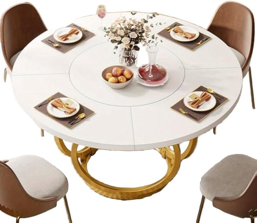 Corenia Ronde Tafel – Eettafel – Keukentafel – Koffietafel – Bistrotafel – Wit Kunstmarmerblad – Gouden Metalen Onderstel – 120 cm Diameter – Modern Design