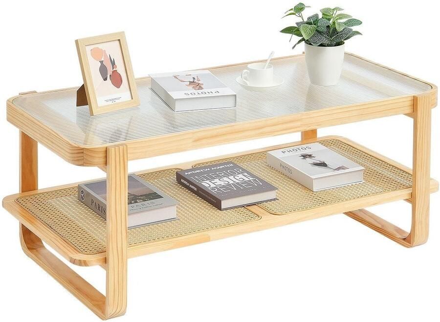 Corenia Rotan Bijzettafel – Salontafel – Rattan Tafel – Woonkamertafel – Opbergtafel – 114 cm – Handgevlochten Rattan & Gehards Glas