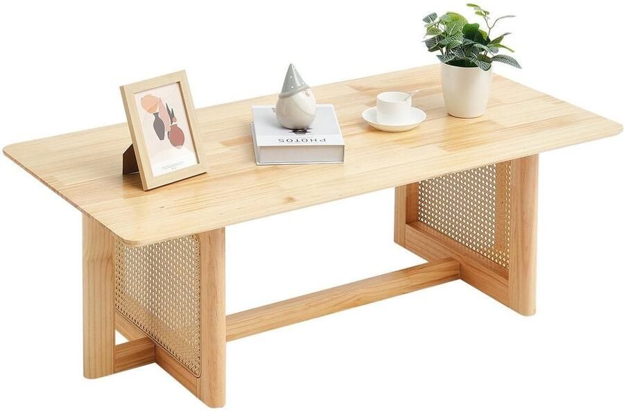 Corenia Rotan Salontafel – Rattan Tafel – Bijzettafel – Koffietafel – Rieten Tafel – Rechthoekig – Handgevlochten Rotan – Massief Houten Blad