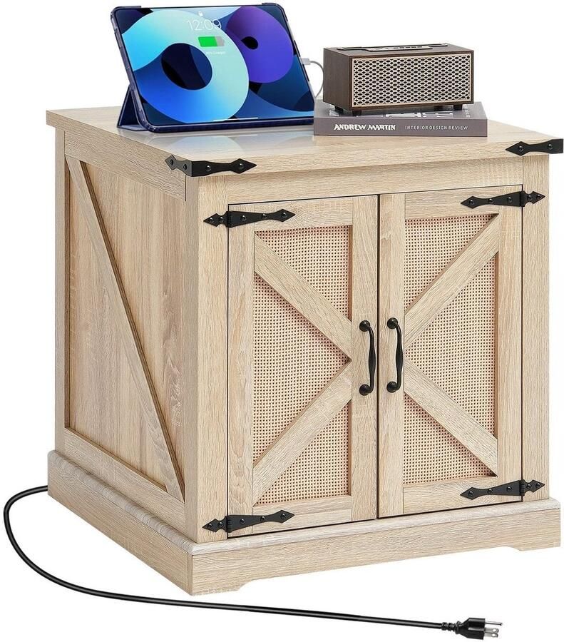 Corenia Rotan Salontafel – Rattan Tafel – Koffietafel – Bijzettafel – Houten Tafel – Rechthoekig – Met Ingebouwde Stopcontacten en USB-poorten – 61 cm Breed