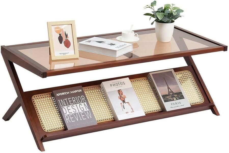 Corenia Rotan Salontafel – Rieten Tafel – Bohemian Tafeltje – Rattan Bijzettafel – Z-vormige Salontafel – Gehard Glas Tafelblad – Handgemaakt PE Rotan Frame – 120 cm Breed