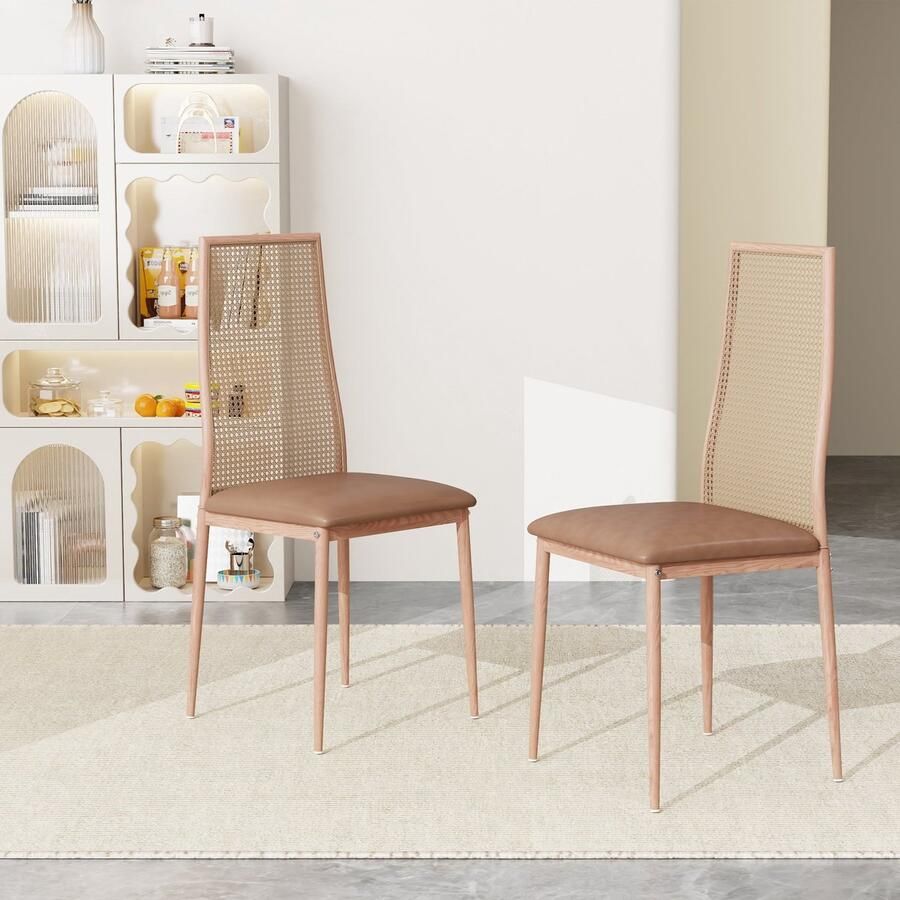 Corenia Rotanstoel – Rotan Eetkamerstoel – Rieten Stoel – Tuinstoel – Balkonstoel – Mid-Century Design – Metalen Onderstel – Comfortabele Wicker Rugleuning – 97 5x43x44 cm