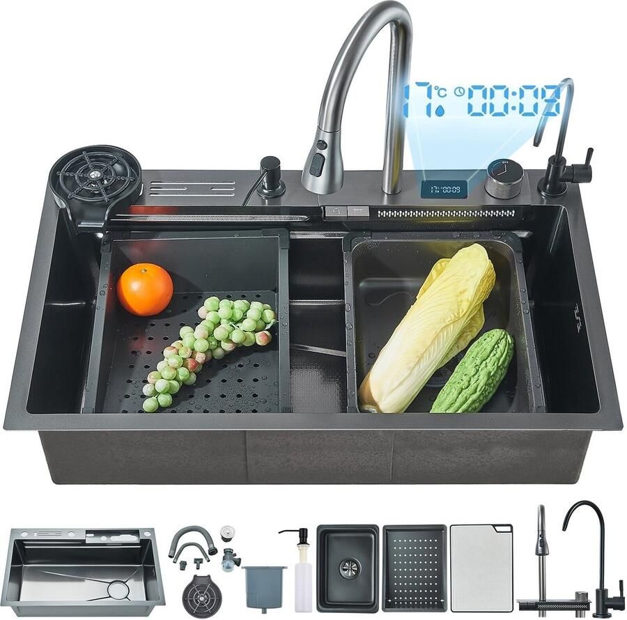 Corenia RVS Waterval Spoeltafel – Keukenspoelbak – Spoelbak RVS – Enkele Spoelbak – Onderbouw Spoeltafel – Waterspaardisplay – Uittrekbare Watervalkraan – 76 2x45 97x20 5 cm Antraciet