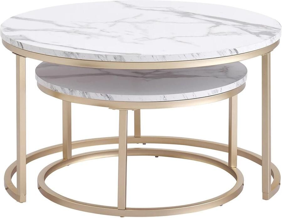 Corenia Salontafel 2 Stuks Marmeren Textuur Ronde Salontafel Modern Minimalistisch Massief Houten Deksel Goud Stalen Frame 80 x 80 x 45cm (Groot)- 60 x 60 x 35cm (Klein) Wit