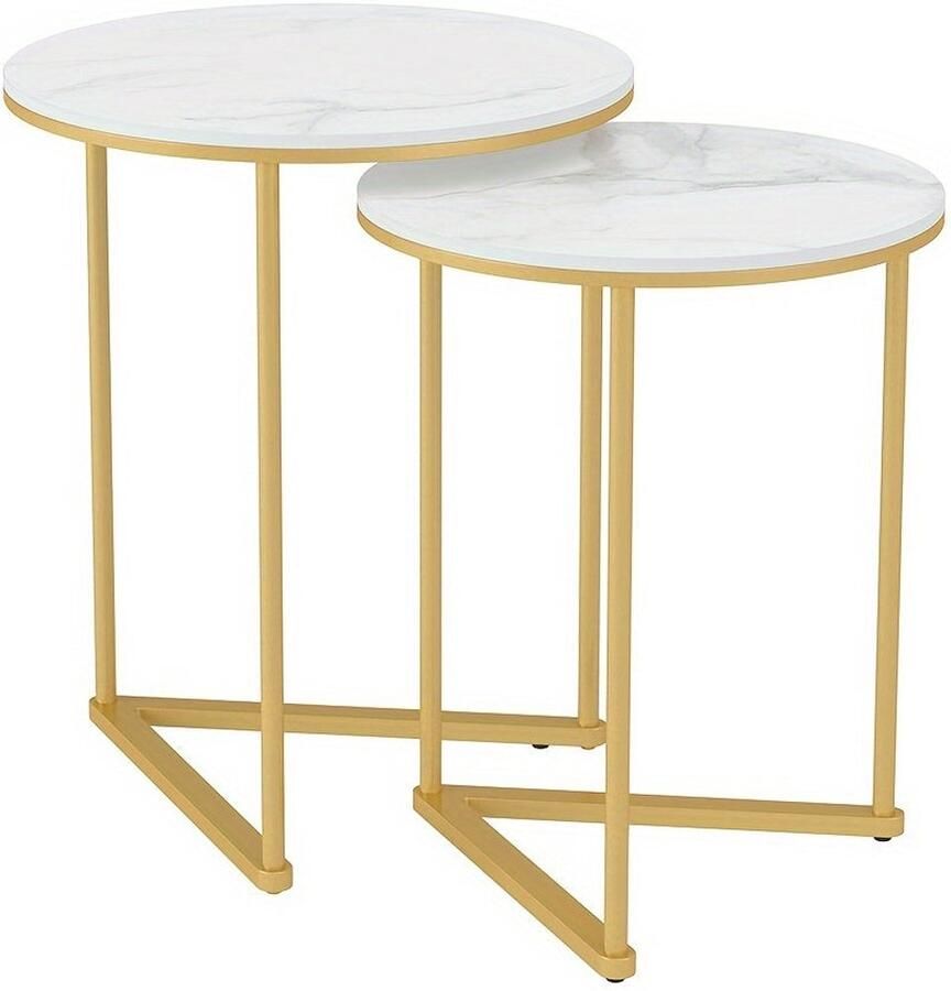 Corenia Salontafel – Bijzettafel – Koffietafel – Tafeltje – Nesting Table – Modern Rond Design – Wit Sintersteen Blad – Gouden Metalen Frame