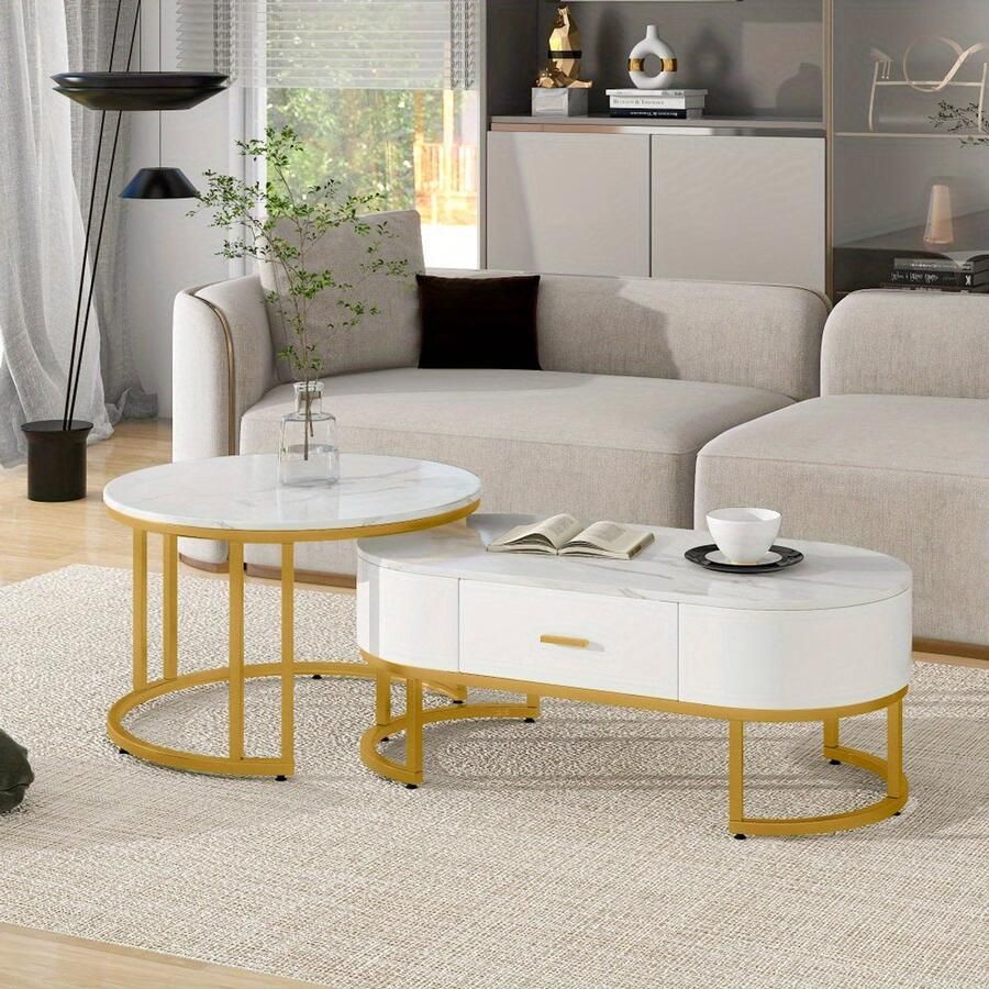 Corenia Salontafel – Bijzettafel – Koffietafel – Tafeltje – Nesting tafel – Set van 2 – Metalen Gouden Frame – Wit Tafelblad – Modern Design