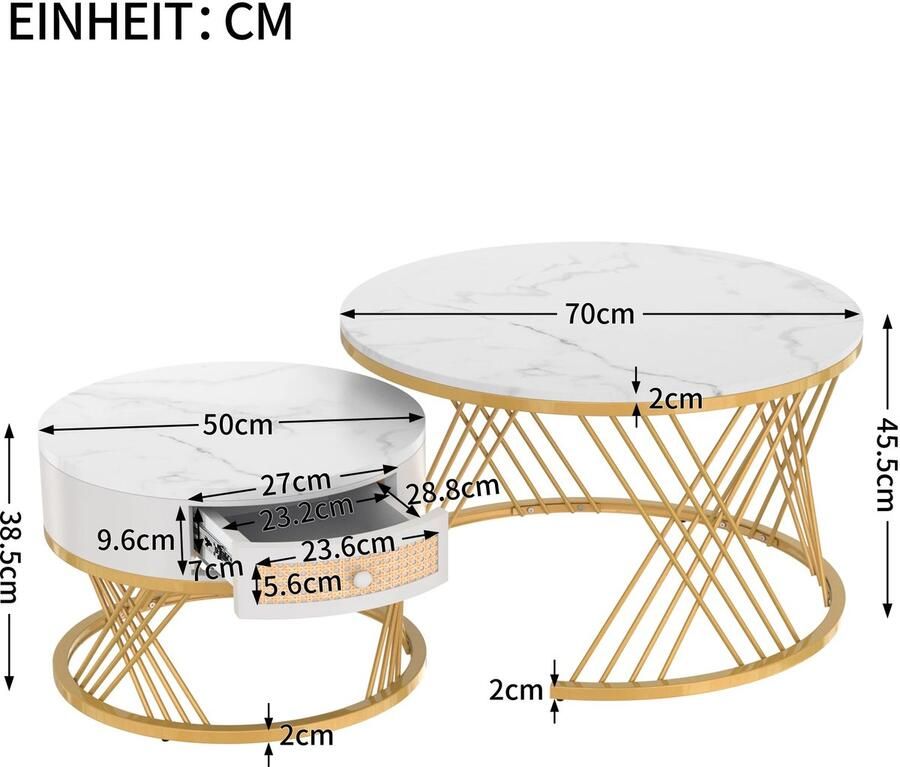 Corenia Salontafel – Bijzettafel – Opbergtafel – Woonkamertafel – Compact – Marmerlook Blad – Opberglade Wit