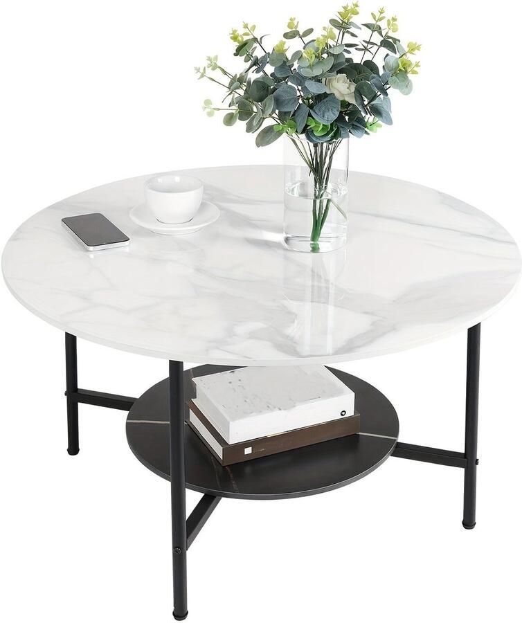 Corenia Salontafel – Bijzettafel – Woonkamertafel – Koffietafel – Accenttafel – Rond Design – Sintersteen Tafelblad – Zwart Metalen Frame – 2-Niveaus Opbergplank
