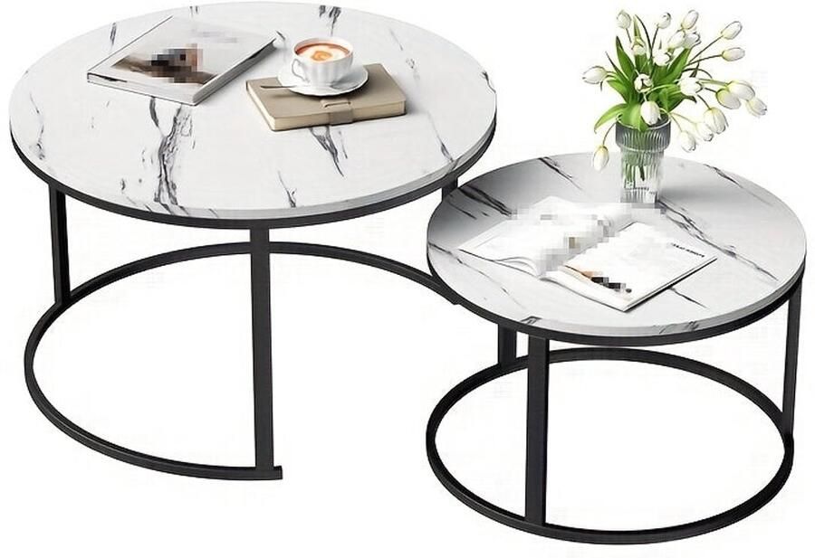 Corenia Salontafel – Bijzettafel – Woonkamertafel – Koffietafel – Tafel – Set van 2 Ronde Salontafels – Wit Marmerlook – Hoog Draagvermogen 80 kg & 50 kg – Space Saver