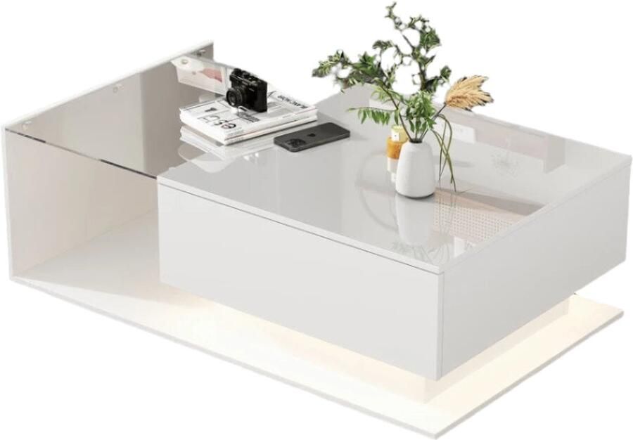 Corenia Salontafel – Glanzende Tafel – Moderne Salontafel – Lade – Robuust – Schokbestendig Glazen Blad 100x50x32 cm WIt