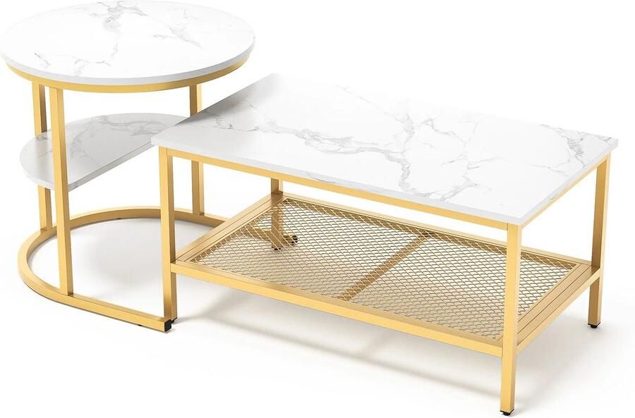 Corenia Salontafel Kleine Tafel Eindtafels Moderne Nest Salontafel voor Woonkamer Marmeren Fineer Gouden Frame Wit