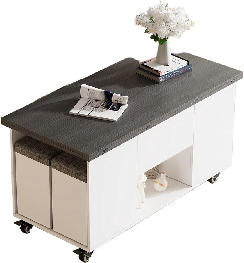 Corenia Salontafel – Koffietafel – Bijzettafel – Eettafel – Werkplek – Verstelbaar Blad – Verrijdbaar Met Remmen – Hoogwaardig Hout – Grijs Wit