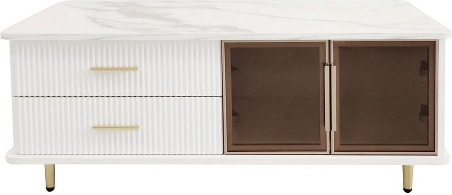 Corenia Salontafel – Koffietafel – Bijzettafel – Lounge Tafel – Woonkamertafel – Marmerprint Tafelblad – Gouden Accenten – Opberglades met Golvend Patroon – Getemperd Glas – Hoogwaardig Spaanplaat