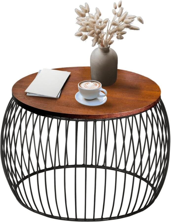 Corenia Salontafel – Koffietafel – Bijzettafel – Salon Tafel – Woonkamer Tafel – Ronde Vorm – Houtblad Chocoladebruin – Mat Zwart Metaal – Opbergruimte – Diameter 60 cm