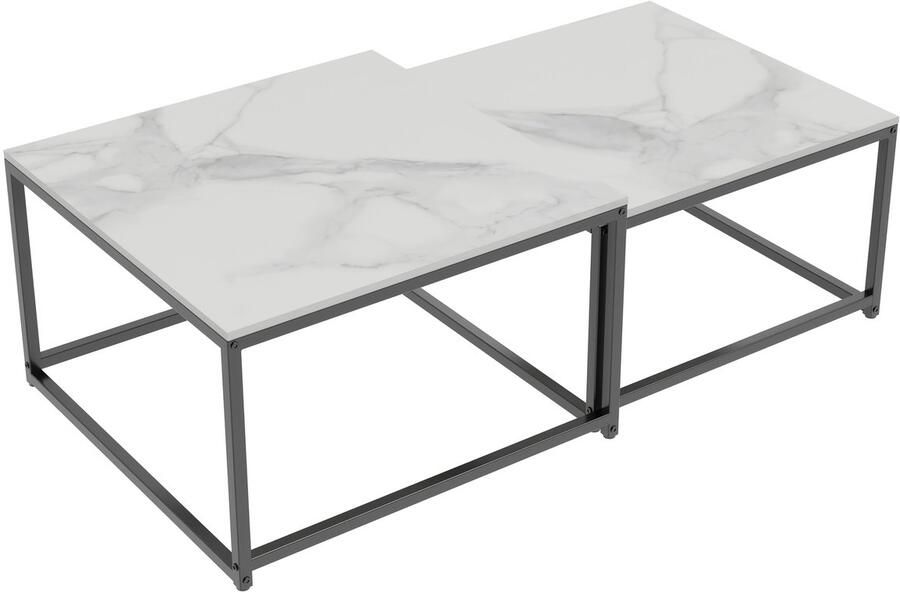 Corenia Salontafel – Koffietafel – Bijzettafel – Tafel – Woonkamertafel – Set Van 2 – Scandinavisch Design – Marmerlook Tafelblad – Metalen Frame – Nestbare Tafels 65x65x40 & 60x60x34 cm – Wit