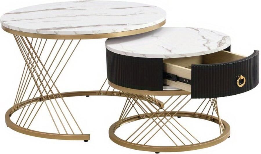 Corenia Salontafel – Koffietafel – Bijzettafel – Tafeltje – Woonkamertafel – Wit MDF Met Gouden Accenten – 2-Delige Set Met Lade En Verstelbare Pootjes