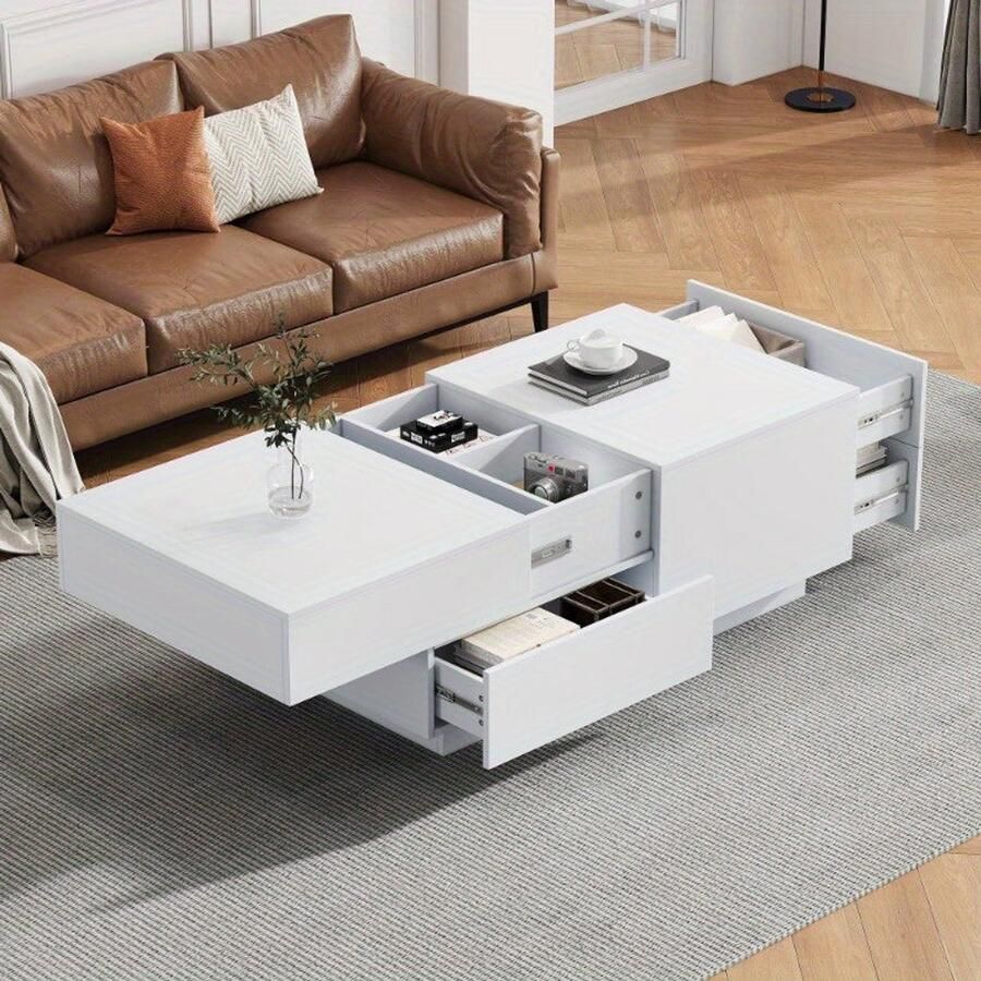 Corenia Salontafel – Koffietafel – Bijzettafel – Woonkamertafel – Lounge Tafel – Modern – Verstelbaar Tafelblad – Ruime Lade – Wit – Duurzaam Niet-Hout Materialen