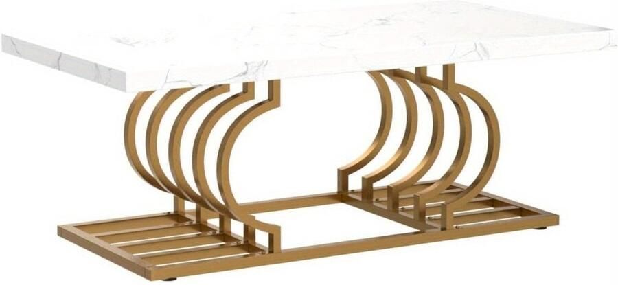 Corenia Salontafel – Koffietafel – Bijzettafel – Woonkamertafel – Lounge tafel – Wit & Gouden Design – Extra Lang 120 cm – MDF Tafelblad Met Faux Marmer Laminaat