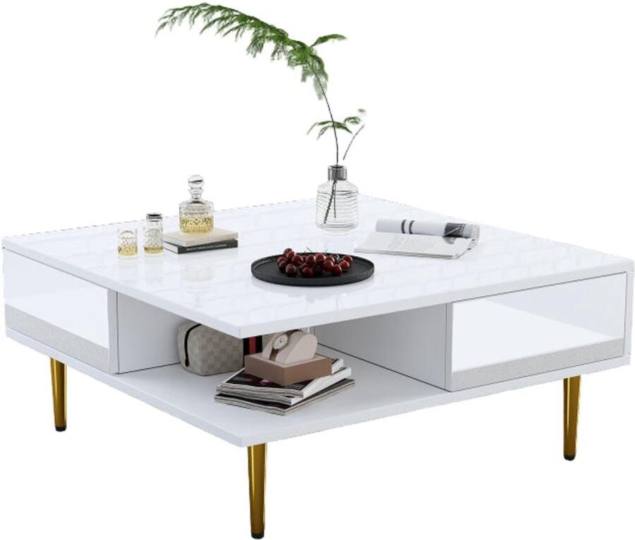 Corenia Salontafel – Koffietafel – Bijzettafel – Woonkamertafel – Tafel – Hoogglans Wit – 70x70x36 cm – Met 2 Lades en Opbergvakken – Draagvermogen 30 kg