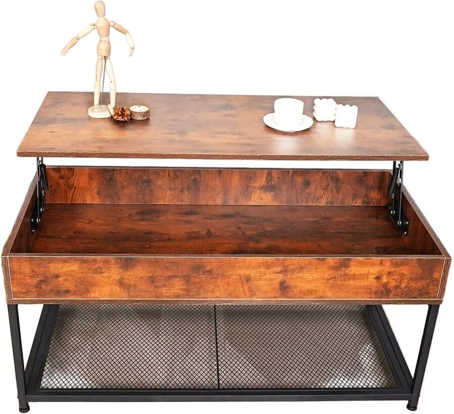 Corenia Salontafel – Koffietafel – Bijzettafel – Woonkamertafel – Tafel – Verstelbaar Lift-Top – Verborgen Opbergruimte – Hout – Metaal – Rustiek Bruin