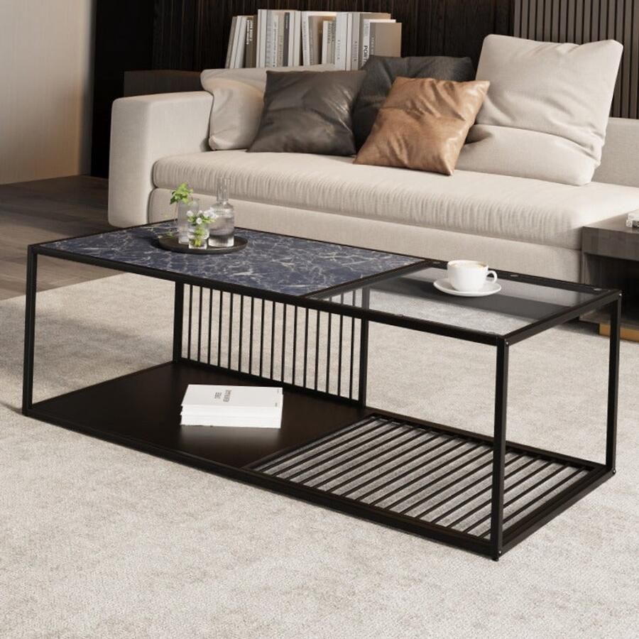 Corenia Salontafel – Koffietafel – Bijzettafel – Woonkamertafel – Tafel – Zwart – Metaal en Glas – Robuust Met Extra Opbergruimte