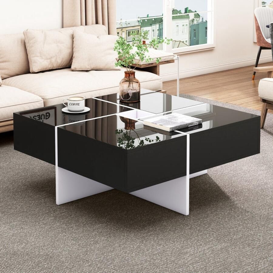 Corenia Salontafel – Koffietafel – Bijzettafel – Woonkamertafel – Tafeltje – Hoogglans Zwart-Wit – 70x70x35 cm – Met Opbergruimte en 4 Laden