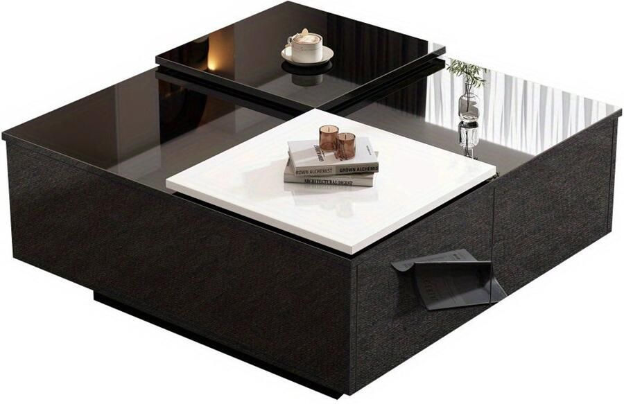 Corenia Salontafel – Koffietafel – Bijzettafel – Woonkamertafel – Tafeltje – Hoogglans Zwart – Wit Schuifblad – Compact 75x75x33 5 cm – Draagkracht 30 kg