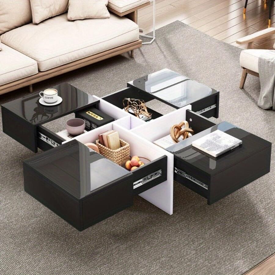 Corenia Salontafel – Koffietafel – Bijzettafel – Woonkamertafel – Tafeltje – Modern Hoogglans – 70x70x35 cm – Zwart-Wit Met Opbergruimte En 4 Lades