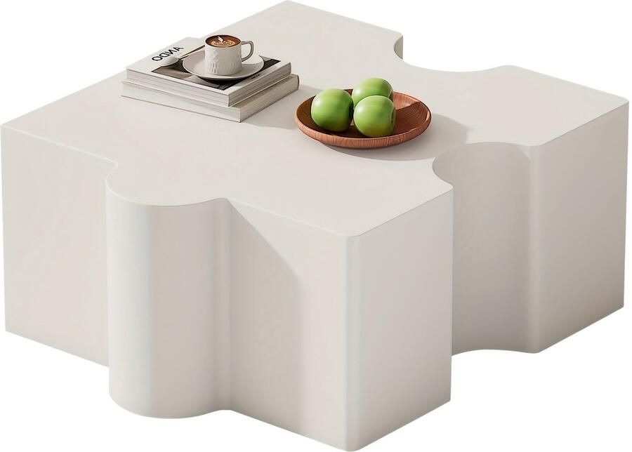 Corenia Salontafel – Koffietafel – Bijzettafel – Woonkamertafel – Tafeltje – Modern Wit Puzzelpatroon – Bamboe Tafelblad – Compact 65x65x32 cm
